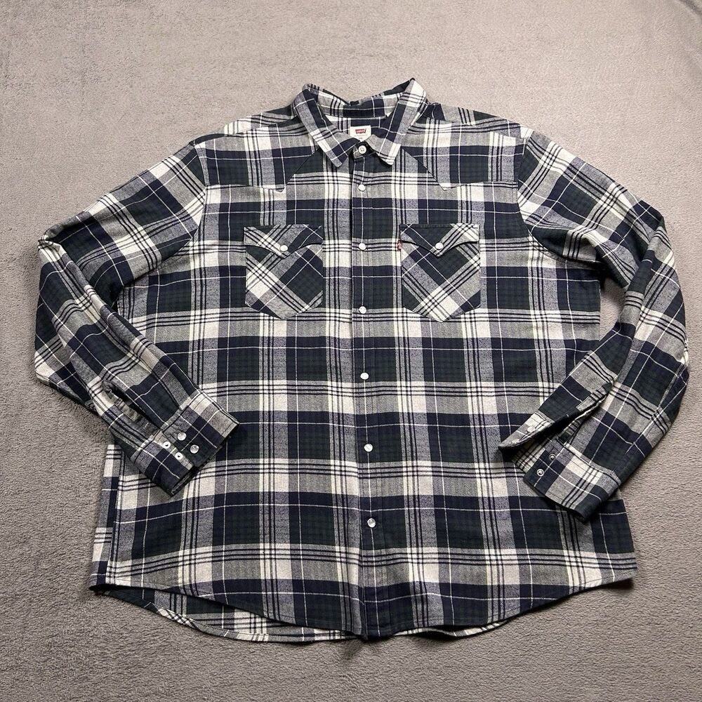 Levi's Pearl Snap Plaid Shirt Men's XXL Western Long Sleeve Navy Green Grunge